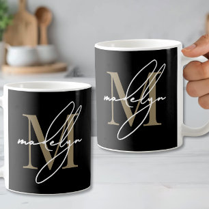 Taza De Café Monograma del Nombre Inicial Oro Negro