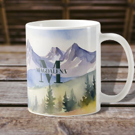 Taza De Café Monograma del paisaje de las montañas acuarelas