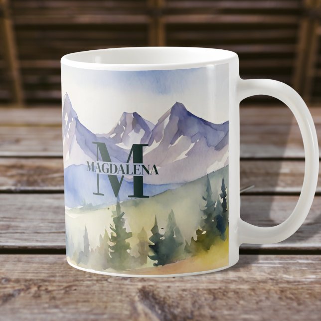 Taza De Café Monograma del paisaje de las montañas acuarelas (Subido por el creador)