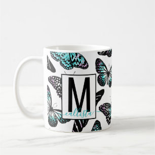 Taza De Café Monograma del patrón acuático de las mariposas Ver