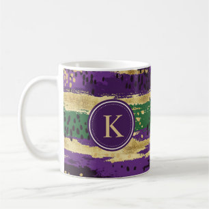 Taza De Café Monograma del patrón de brochas de oro púrpura ver