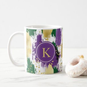 Taza De Café Monograma del patrón de brochas de oro púrpura ver