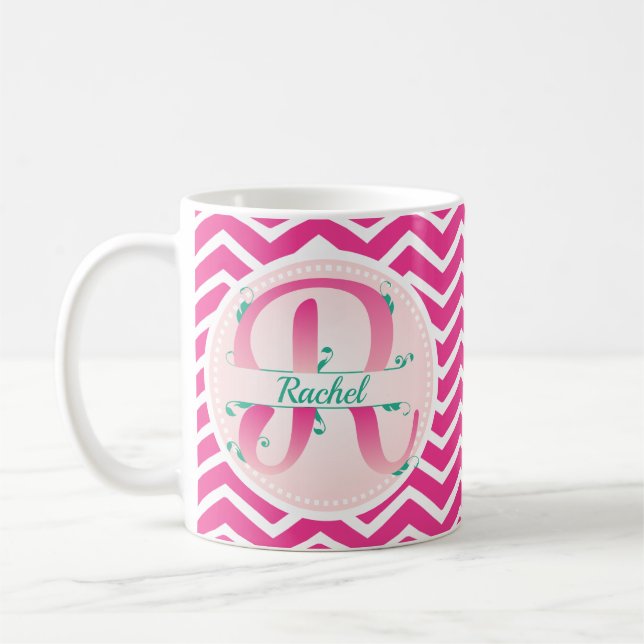 Taza De Café Monograma del patrón de cheurón rosa (Izquierda)