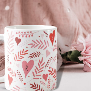 Taza De Café Monograma del patrón de estilo rojo rosa del coraz