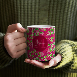 Taza De Café Monograma del patrón de follaje de Cranberry festi