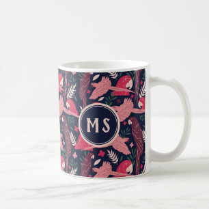 Taza De Café Monograma del patrón de hojas tropicales rosadas d