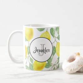 Taza De Café Monograma del patrón de las hojas verdes con lémul