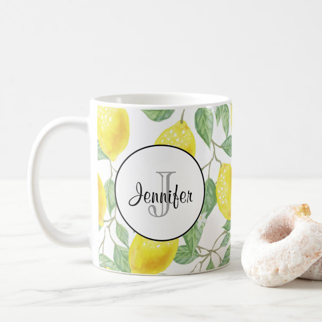 Taza De Café Monograma del patrón de las hojas verdes con lémul (Con donut)
