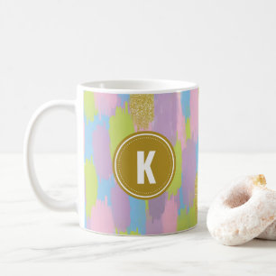 Taza De Café Monograma del patrón de pinceles abstractos colori