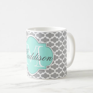 Taza De Café Monograma del patrón elegante de Aqua gris