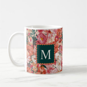 Taza De Café Monograma del patrón floral rosado naranja