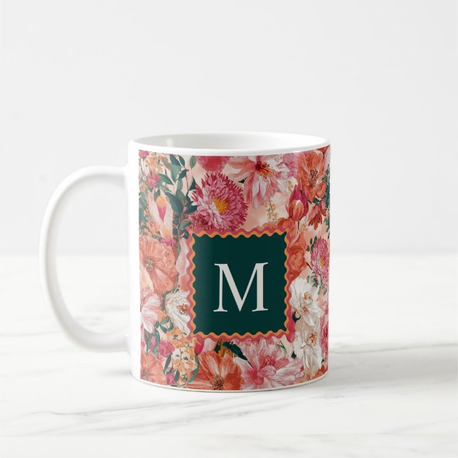 Taza De Café Monograma del patrón floral rosado naranja (Izquierda)