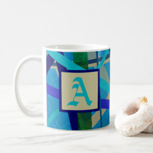 Taza De Café Monograma del patrón geométrico azul y verde