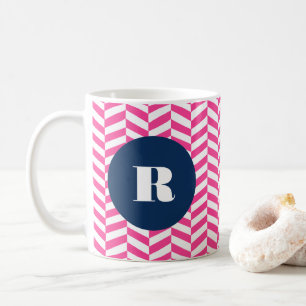 Taza De Café Monograma del patrón Herringbone Rosado Caliente