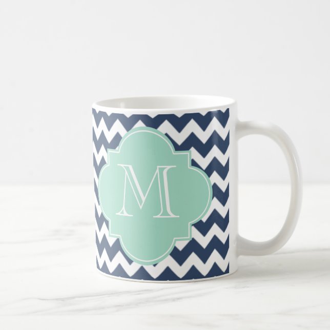 Taza De Café Monograma del Personalizado de Chevron azul marino (Derecha)