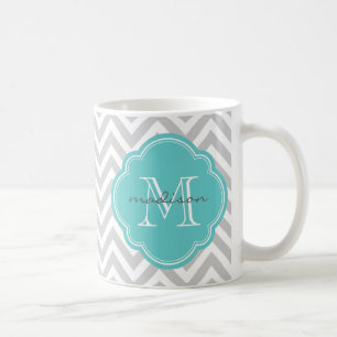 Taza De Café Monograma del Personalizado de Chevron Gris y Turq