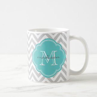 Taza De Café Monograma del Personalizado de Chevron Gris y Turq