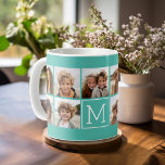 Taza De Café Monograma del Personalizado de Collage de fotos de<br><div class="desc">Azul y blanco verde azulado - Usa fotos de 11 cuadrados para crear un regalo único y personal. O puedes mantener al cachorro hipster y hacer un keepsake de moda. Si necesita ajustar las imágenes,  haga clic en la herramienta personalizar para realizar cambios.</div>