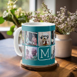 Taza De Café Monograma del Personalizado de Collage de fotos de<br><div class="desc">Azul y blanco verde azulado - Usa fotos de 11 cuadrados para crear un regalo único y personal. O puedes mantener al cachorro hipster y hacer un keepsake de moda. Si necesita ajustar las imágenes,  haga clic en la herramienta personalizar para realizar cambios.</div>