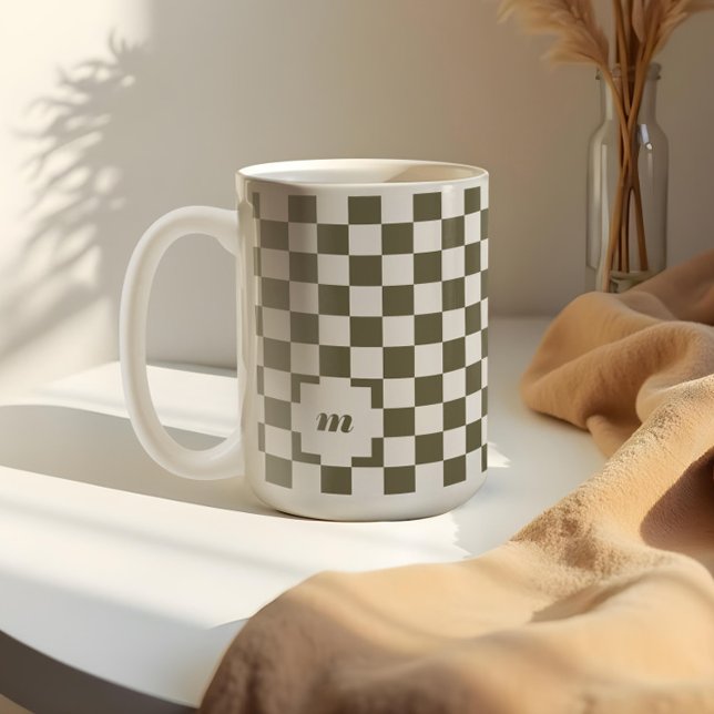 Taza De Café Monograma del Personalizado de patrones controlado (Retro Modern Chequered Pattern Custom Monogram Coffee Mug)