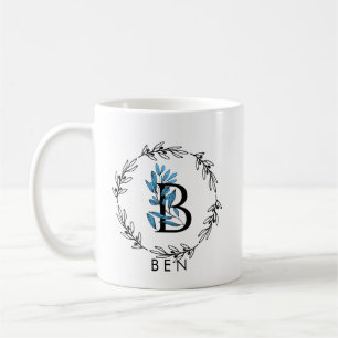 Taza De Café Monograma del Personalizado floral azul - Letra B