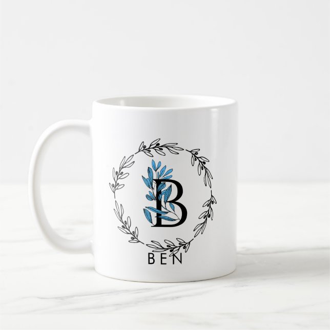 Taza De Café Monograma del Personalizado floral azul - Letra B (Izquierda)