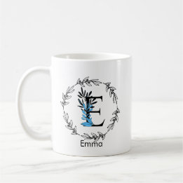 Taza De Café Monograma del Personalizado floral azul - Letra E