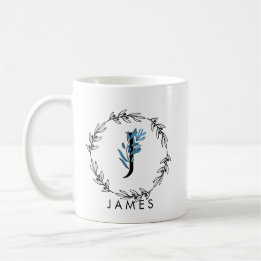 Taza De Café Monograma del Personalizado floral azul - Letra J