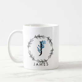 Taza De Café Monograma del Personalizado floral azul - Letra J