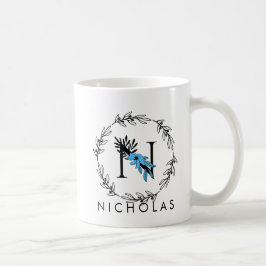 Taza De Café Monograma del Personalizado floral azul - Letra N 