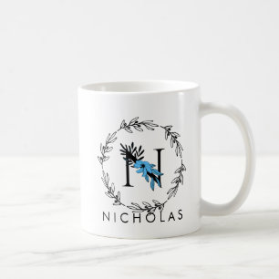 Taza De Café Monograma del Personalizado floral azul - Letra N 