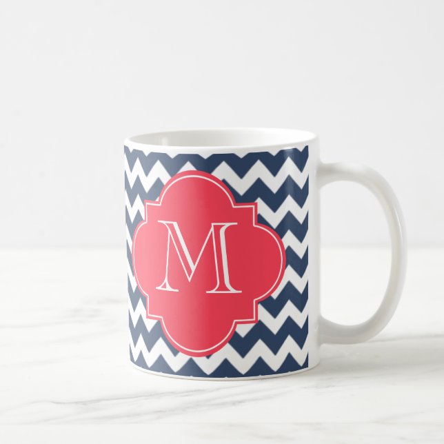 Taza De Café Monograma del Personalizado Navy Blue y Red Chevro (Derecha)