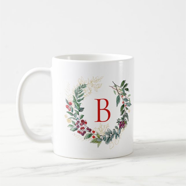 Taza De Café Monograma del Personalizado Wreath navidades (Izquierda)