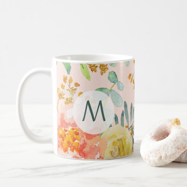 Taza De Café Monograma del Purpurina acuarela Rubor Floral Gold (Con donut)