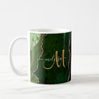 Taza De Café Monograma del Purpurina de oro verde de moda Agate
