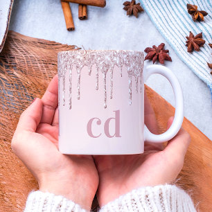Taza De Café Monograma del purpurina de rubor dorado Rosa