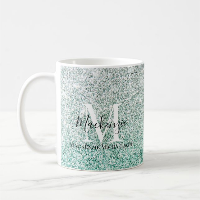 Taza De Café Monograma del Purpurina Girona Verde Plata Ombre (Izquierda)