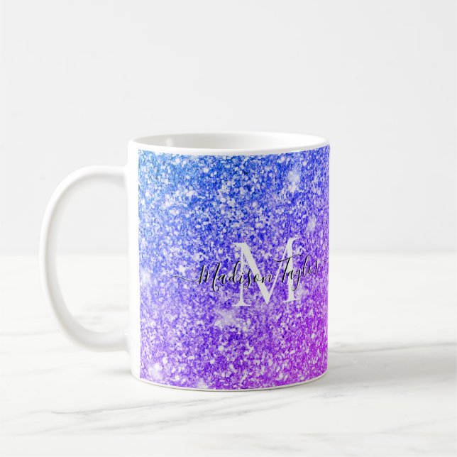 Taza De Café Monograma del Purpurina morado y rosado Girona    (Izquierda)