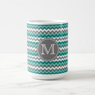 Taza De Café Monograma del zigzag de chevron turquesa y gris
