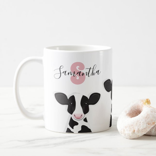 Taza De Café Monograma Denominación Vaca Blanco Rosa (Con donut)