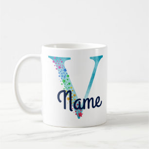 Taza De Café Monograma Diseño inicial V Estrella arcoiris Caf