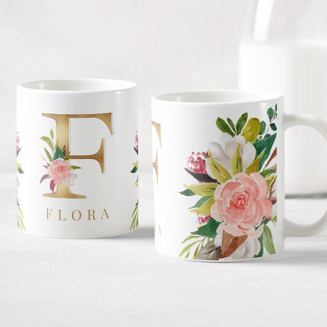 Taza De Café Monograma dorado acuarela Floral Botánica (Subido por el creador)