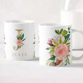 Taza De Café Monograma dorado acuarela Floral Botánica