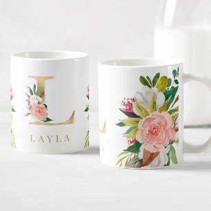 Taza De Café Monograma dorado acuarela Floral Botánica