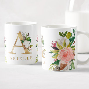 Taza De Café Monograma dorado acuarela Floral Botánica