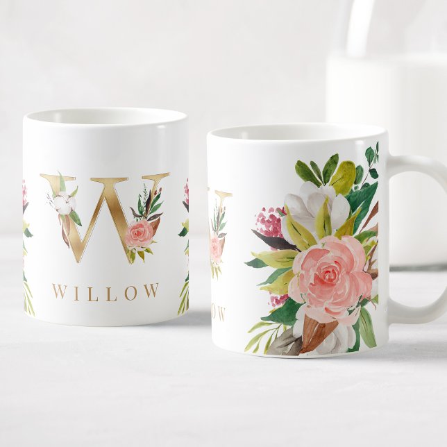 Taza De Café Monograma dorado acuarela Floral Botánica (Subido por el creador)