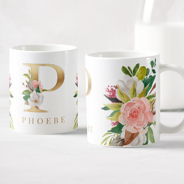 Taza De Café Monograma dorado acuarela Floral Botánica (Subido por el creador)