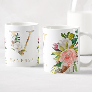 Taza De Café Monograma dorado acuarela Floral Botánica