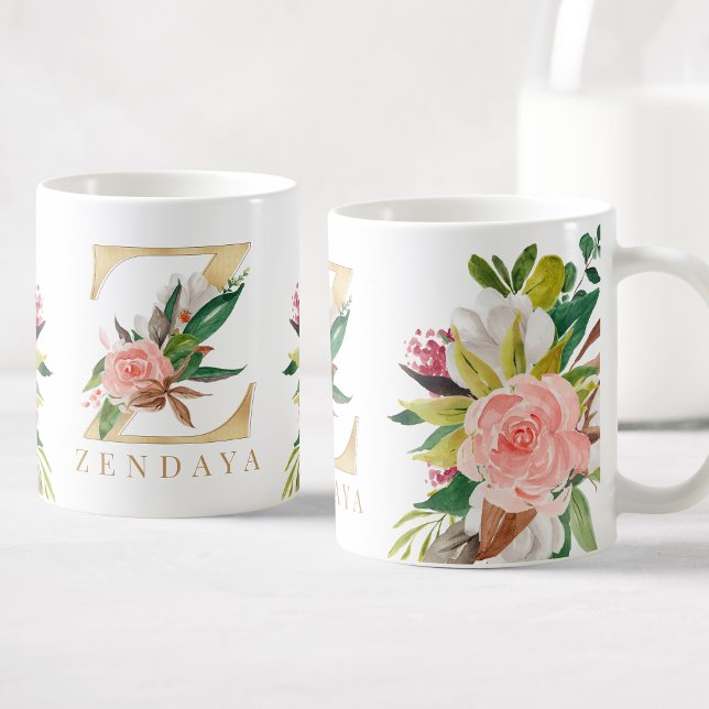 Taza De Café Monograma dorado acuarela Floral Botánica (Subido por el creador)