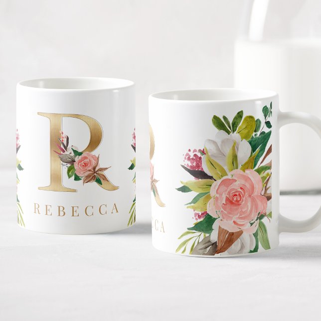 Taza De Café Monograma dorado acuarela Floral Botánica (Subido por el creador)
